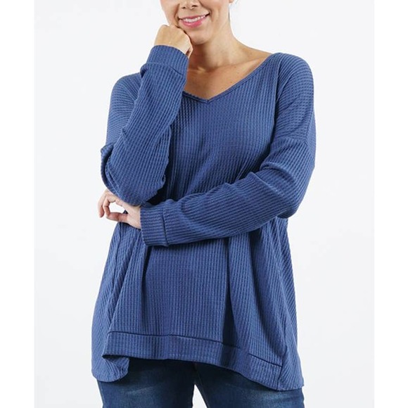 Zulily SIZE 1X Denim Blue Waffle Knit Reversible Long-Sleeve Tunic Top‎ Knot NEW - Picture 1 of 9